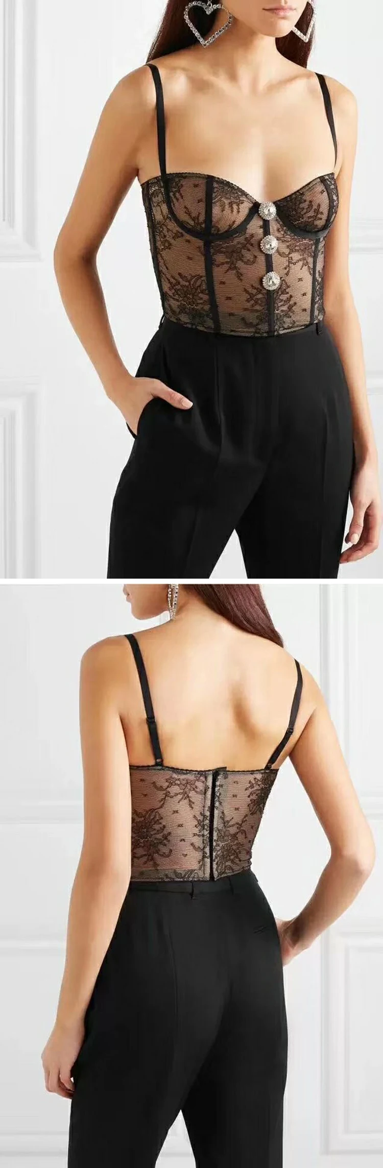 EFIOLY NY19A0166Off Shoulder Sexy Camisole Tops Female Lace Diamond Buttons Vest Crop Tops Women Fashion Clthing Spring New