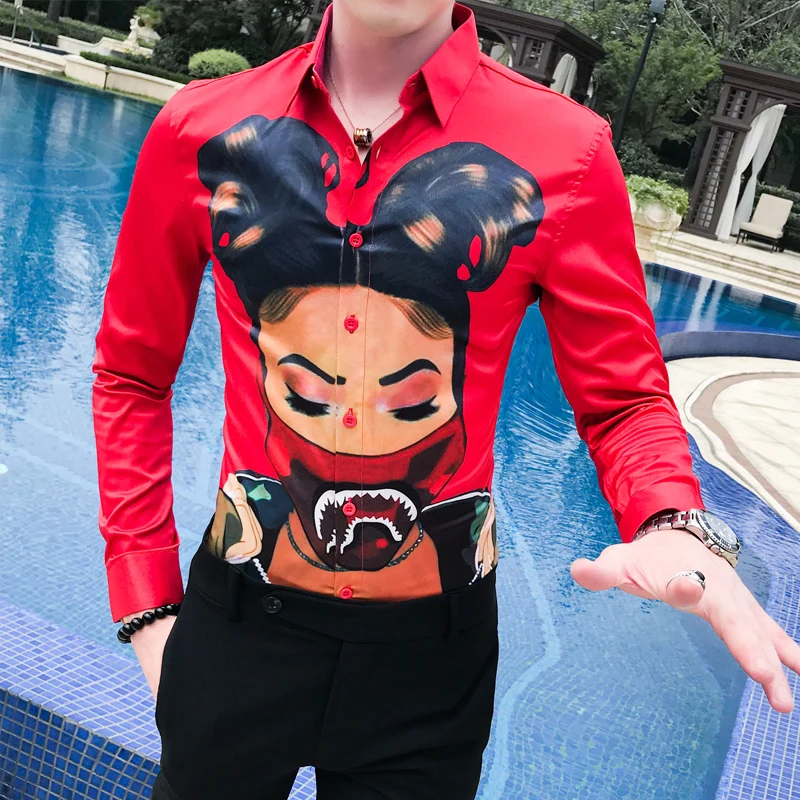 Новые Мультяшные принты мужские рубашки с длинным рукавом Camisa Masculina повседневные облегающие рубашки мужские платья уличная светская рубашка