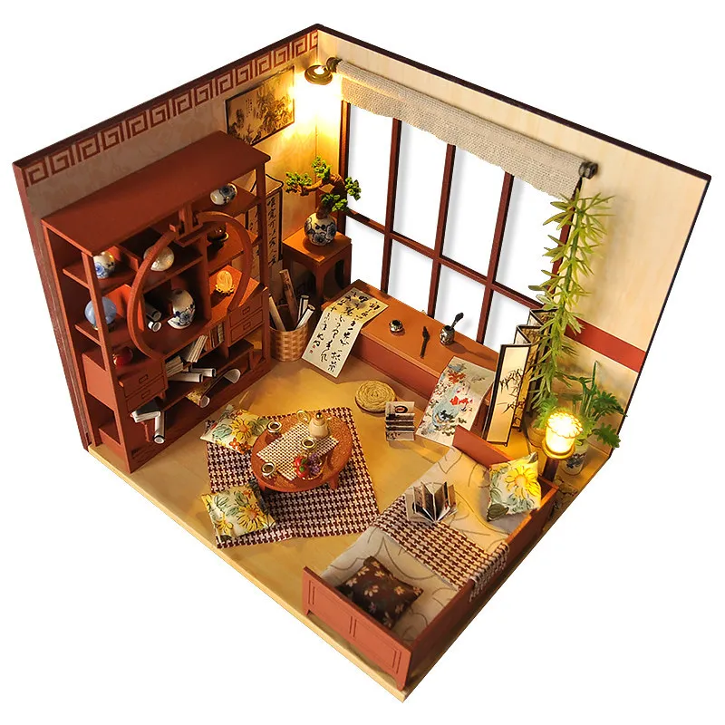 

Doll House Chinese Style Study Wooden Miniature Dollhouses Model DIY House with Furnitures Kits Dust Cover Led Lights Toys