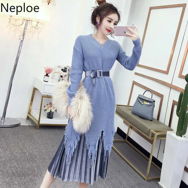 Женский комплект Neploe из 2 предметов корейское длинное вязаное платье-свитер с