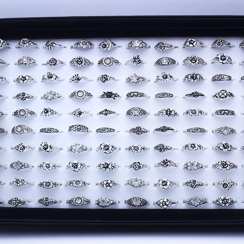 100 Pcs/Lot Flower Retro Gothic Alloy Rings for women Wholesale Party Jewelry Lots 4