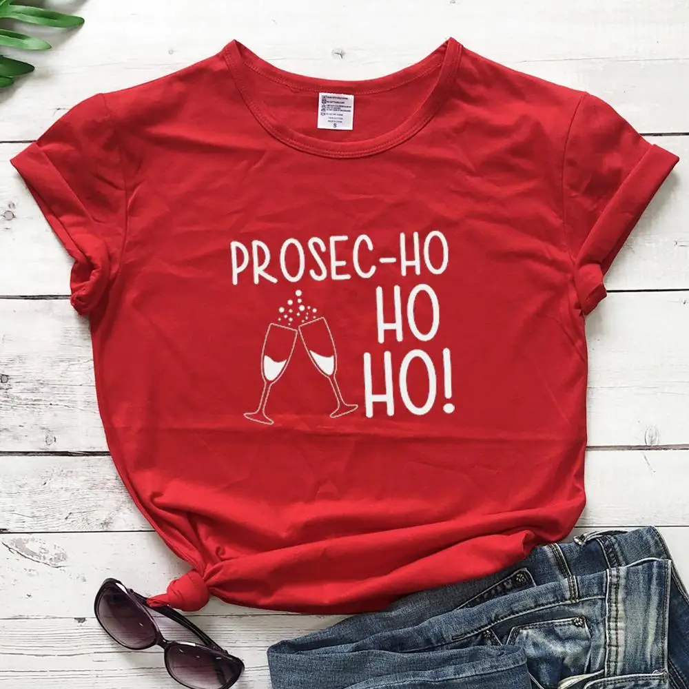 Prosec-Ho футболка Праздничная Женская забавная Рождественская футболка Prosecco милый Графический kawaii подарок слоган Чистый хлопок гранж футболки tumblr Топ - Цвет: Red - white txt