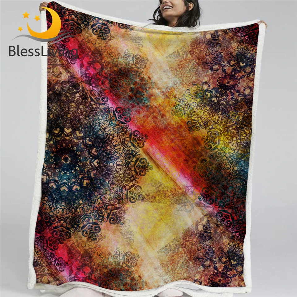 

BlessLiving Mandala Plush Blanket Boho Flowers Sherpa Fleece Blanket Patchwork Custom Blanket Colorful Bedspread Koce 150x200cm