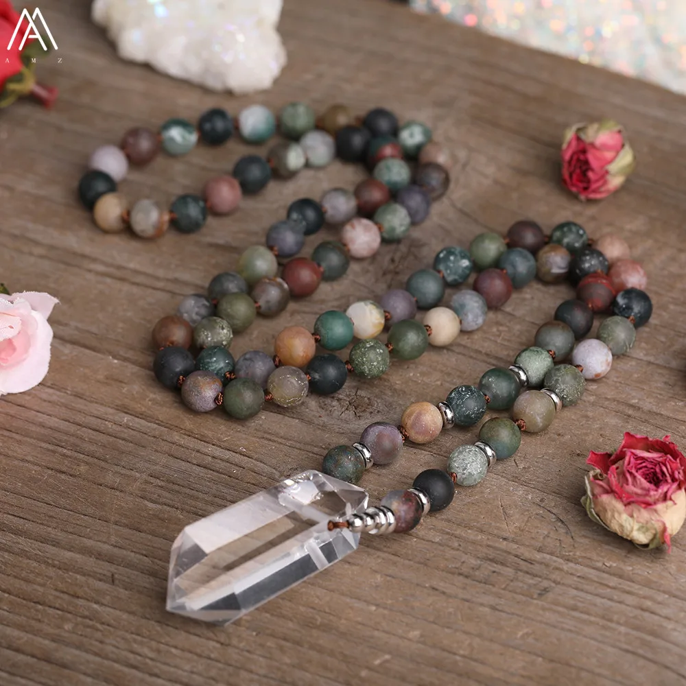 Natürliche Weiße Quarz Doppel Stick Punkt Anhänger 8mm Verfilzte Ozean Jaspers Runde Perlen Schnur Verknotet Mala Halskette Handgemachten Schmuck – Detail 4