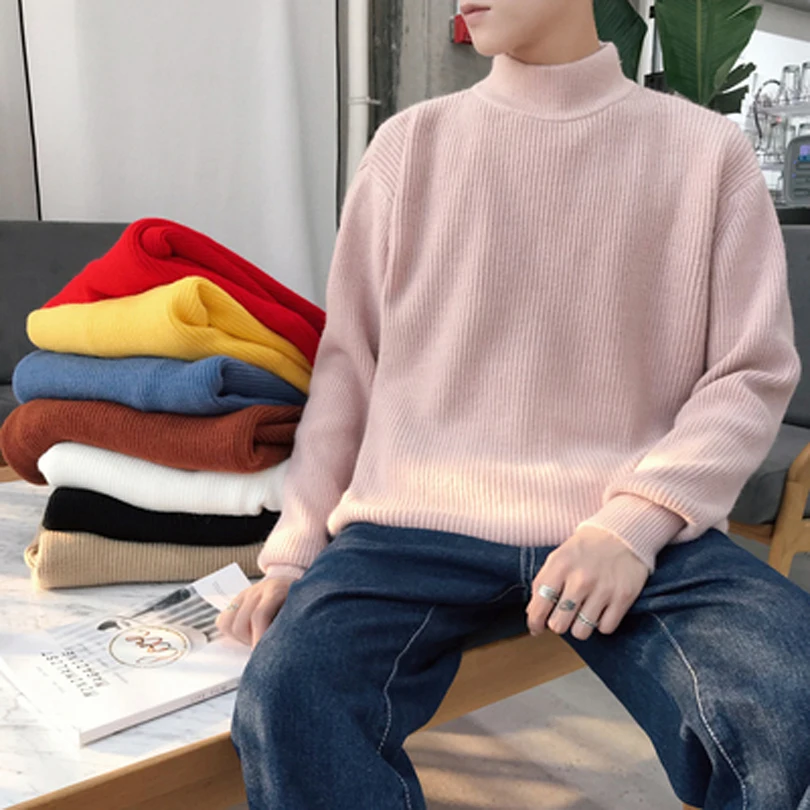 Зимняя мужская теплая кашемировая шерсть пуловер свитер в повседневном стиле бренд водолазка модный тренд Вязание разноцветные жакеты M-2XL - Цвет: Розовый