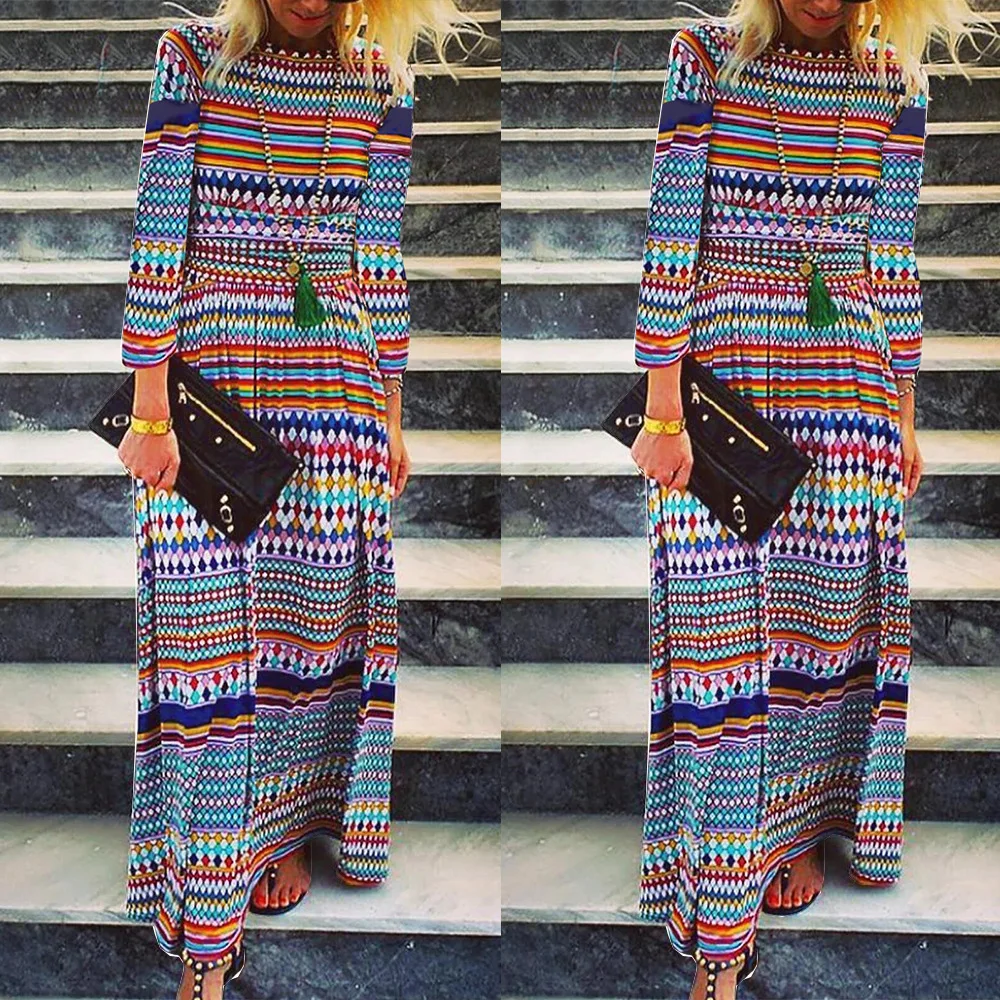 

Boho hippie chic floral printed beach dress Casual long sleeve streetwear maxi dress robe boheme chic mexican dress beach frocks