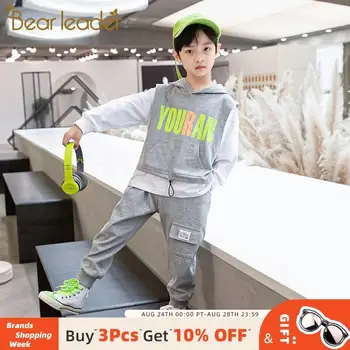 

Bear Leader Autumn Boys Long Sleeve Casual Outfits Letter Pattern Print Hooded and Solid Pants Children Fashion Style Suits Boys