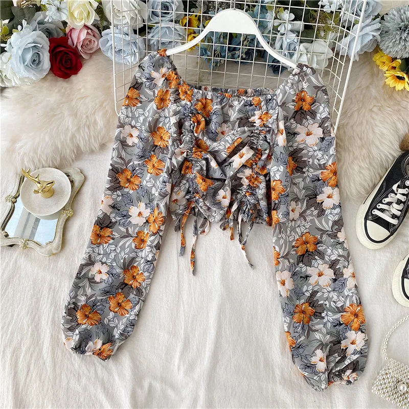 Vintage Square Collar Floral Women Blouse 2021 Summer Puff Sleeved Chiffon Drawstring Short High Waist Sexy Female Pulls Tops