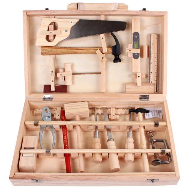 Children Real Life Wooden Tools Kit Pretend Toy Boys Box Maintain Tools Wooden Hammer Saw Screwdriver Birthday Gift 1