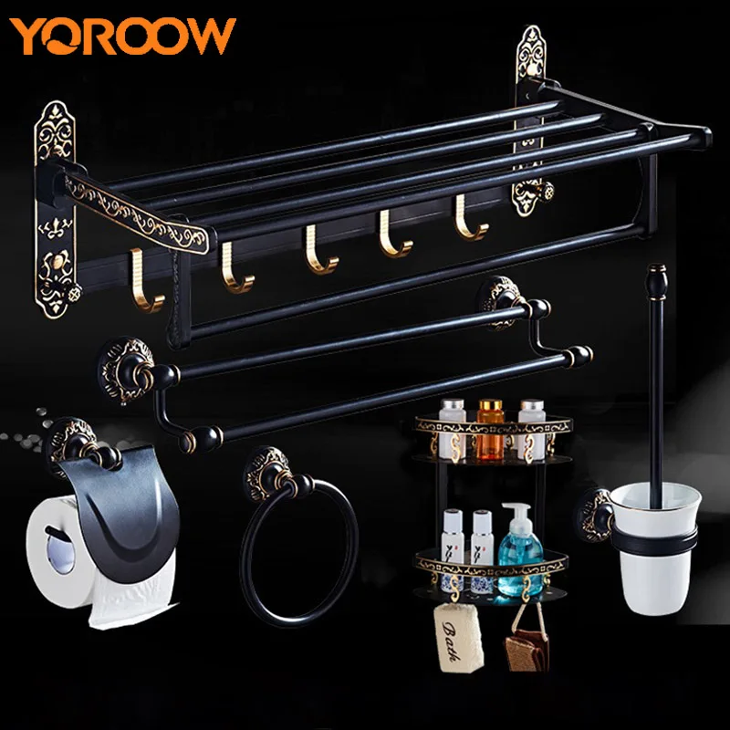 

Black Bathroom Wall Shelf Metal Aluminum Shelves Set Suction Cup Towel Bars Hanger Hair Basket Paper Holder Rack ASG0011 1