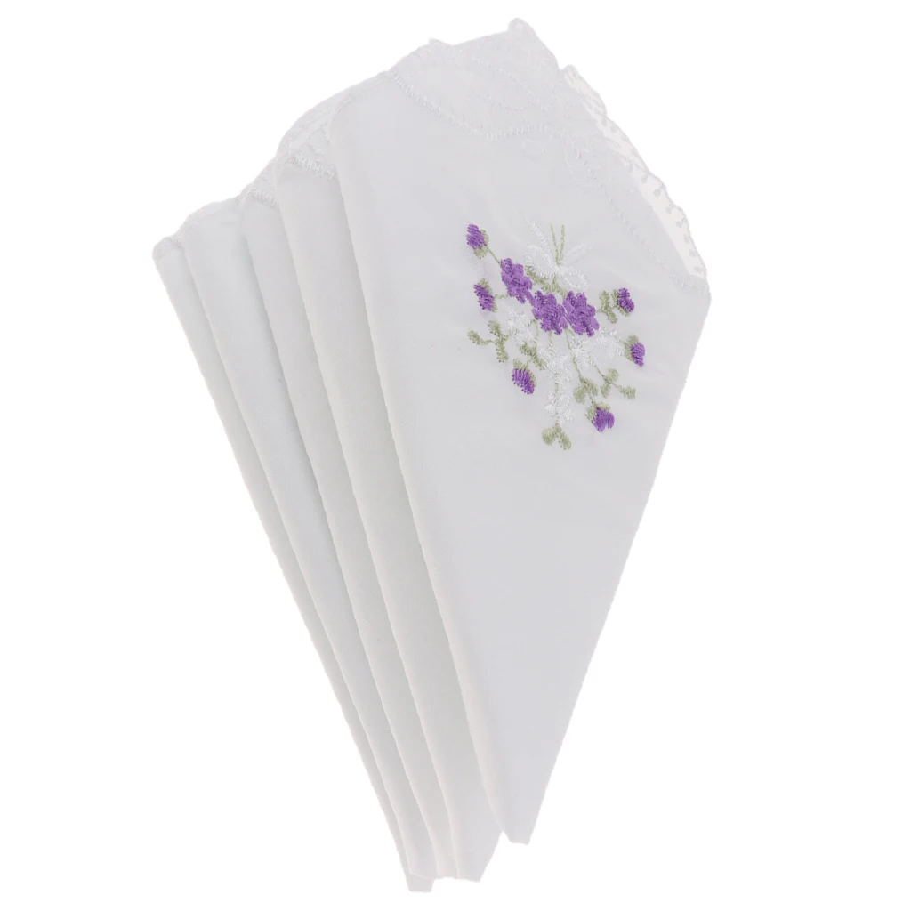 5pcs Womens 27 cm Cotton Hankies Thin Floral Embroidered Lace Handkerchief Hanky Lady White Pocket Square Scarves носовые платки