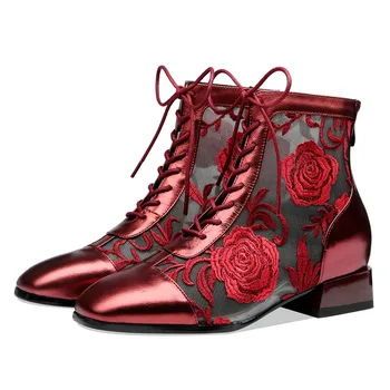 

Leather Ethnic Style Breathable Ankle Boots Fashion Embroidered Cross-Tied High Heels Mature Internal Increase Shoes For Women
