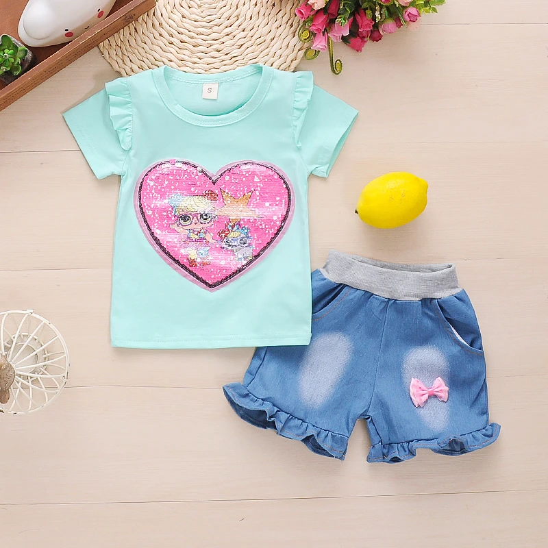 Conjunto de ropa para bebés y niñas 2020 nuevo estilo de moda de verano camiseta + pantalones cortos de mezclilla uds. Conjunto de ropa de fiesta para niñas y niños|set