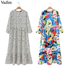 Vadim mujer puntos estampado maxi vestido plisado tres cuartos manga femenina casual vestidos rectos chic tobillo largo vestidos QB260(China)