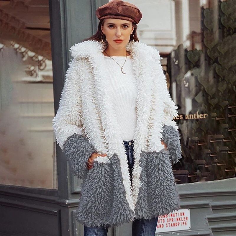 

2019 Explosion Winter New England Fashion Atmosphere Women's Coat Plush Long-sleeved Long Two-color Stitching Open Stitch Full