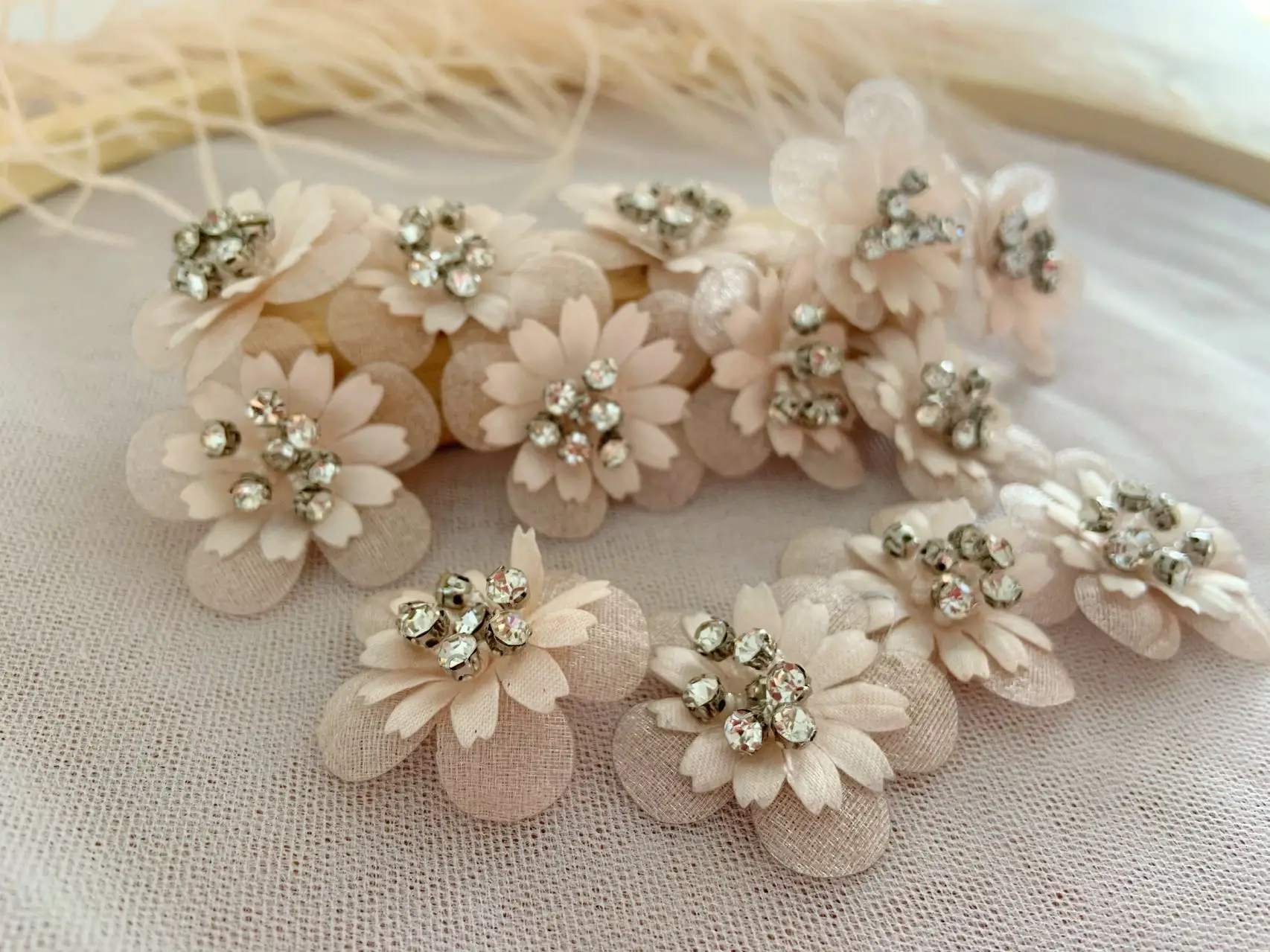 

10 PCS Pink Petals Bead Flowers Applique,3D Handmade Floral,Nave Blue Organza Patch for Clothing DIY,Wedding Sewing Supplies