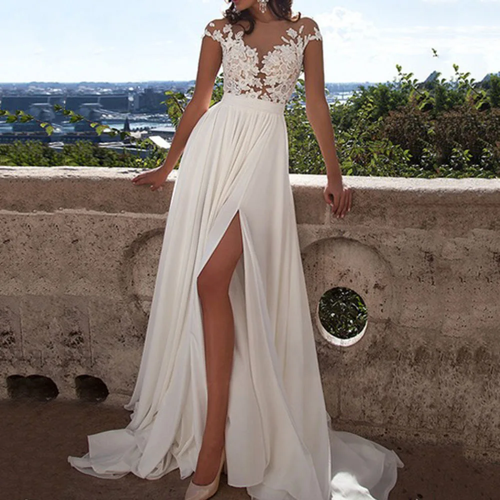 

Elegant Prom Dress Scoop Neck Floor Length A Line Split Front Cap Sleeves Appliques White Evening Party Gowns Prom Dresses