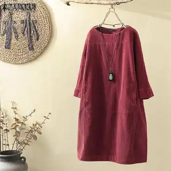 

ZANZEA Women Vintage Autumn Long Sleeve Corduroy Dress Solid Casual Long Shirt Vestido Retro Party Sundress Robe Femme Dresses