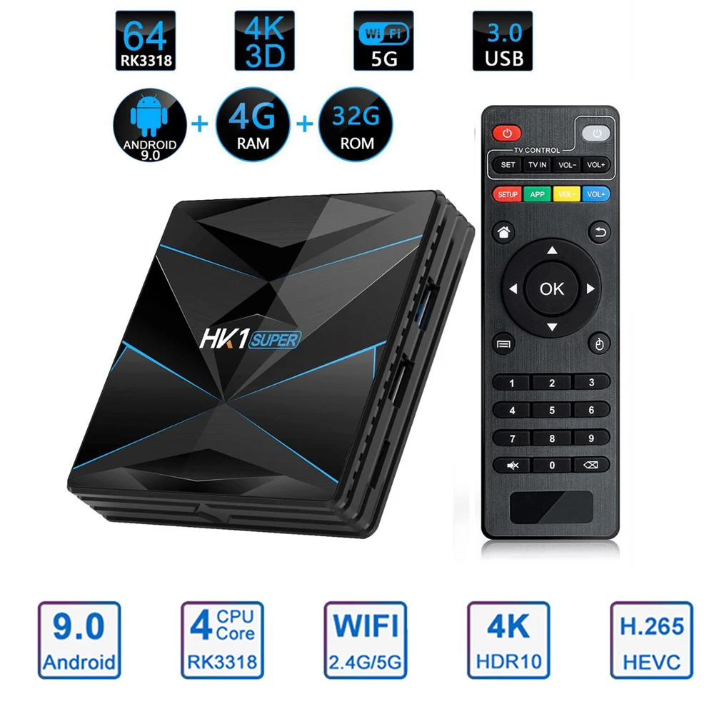 ТВ-приставка HK1 Super RK3318 4K HD 4GB ram DDR4 Android tv Box 64GB 128GB 2,4G/5G Двухдиапазонная Wi-Fi Bluetooth 4,0 телеприставка