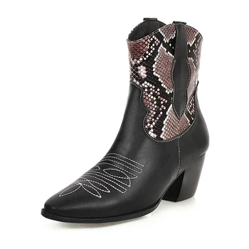 

Western Embroidery White Black Snake Winter Boots Ankle Boots for Women 5.5cm High Heeled Cowgirls Booties Botas Mujer Invierno