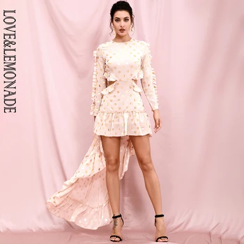 

LOVE & LEMONADE Sexy Pink Round Neck Cut Out Open Back Long Sleeve Golden Dot Chiffon Dress LM81503-3