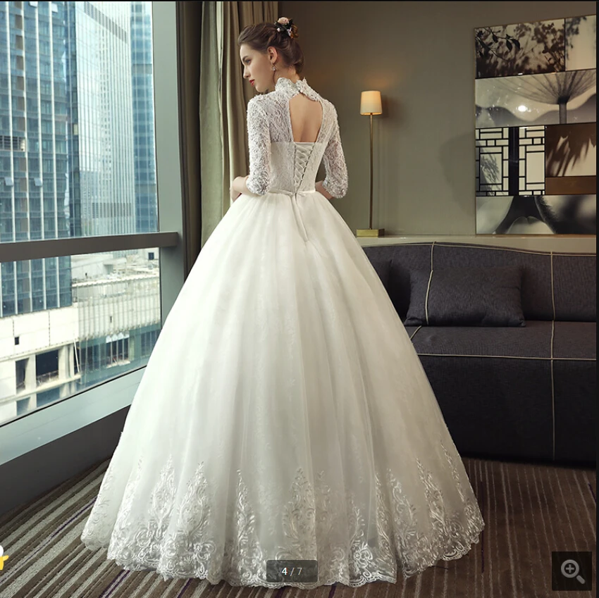 

Robe de mariage 2020 white lace wedding dress high neckline half sleeve beaded sequins elegant hollow back sexy wedding gowns