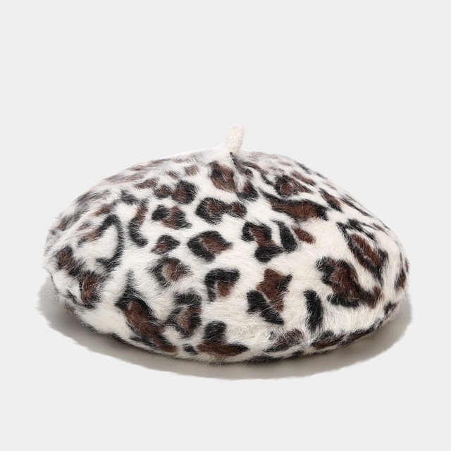 Leopard Print Beret for Winter Rabbit  Warm Painter Cap All-Match Pumpkin Hat Octagonal Cap Wholesale Bonnets For Women