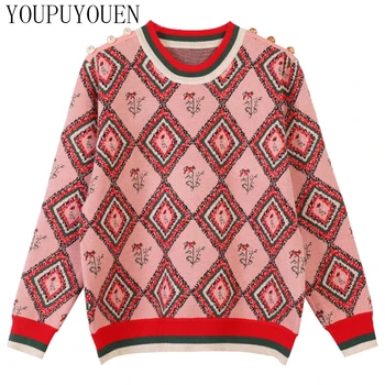 

Jacquard Plaid Sweater Fashion Autumn Winter Knit Pullover Tops Women Knitwear Vintage Jumper Knitted Long Sleeve Casual Clothes