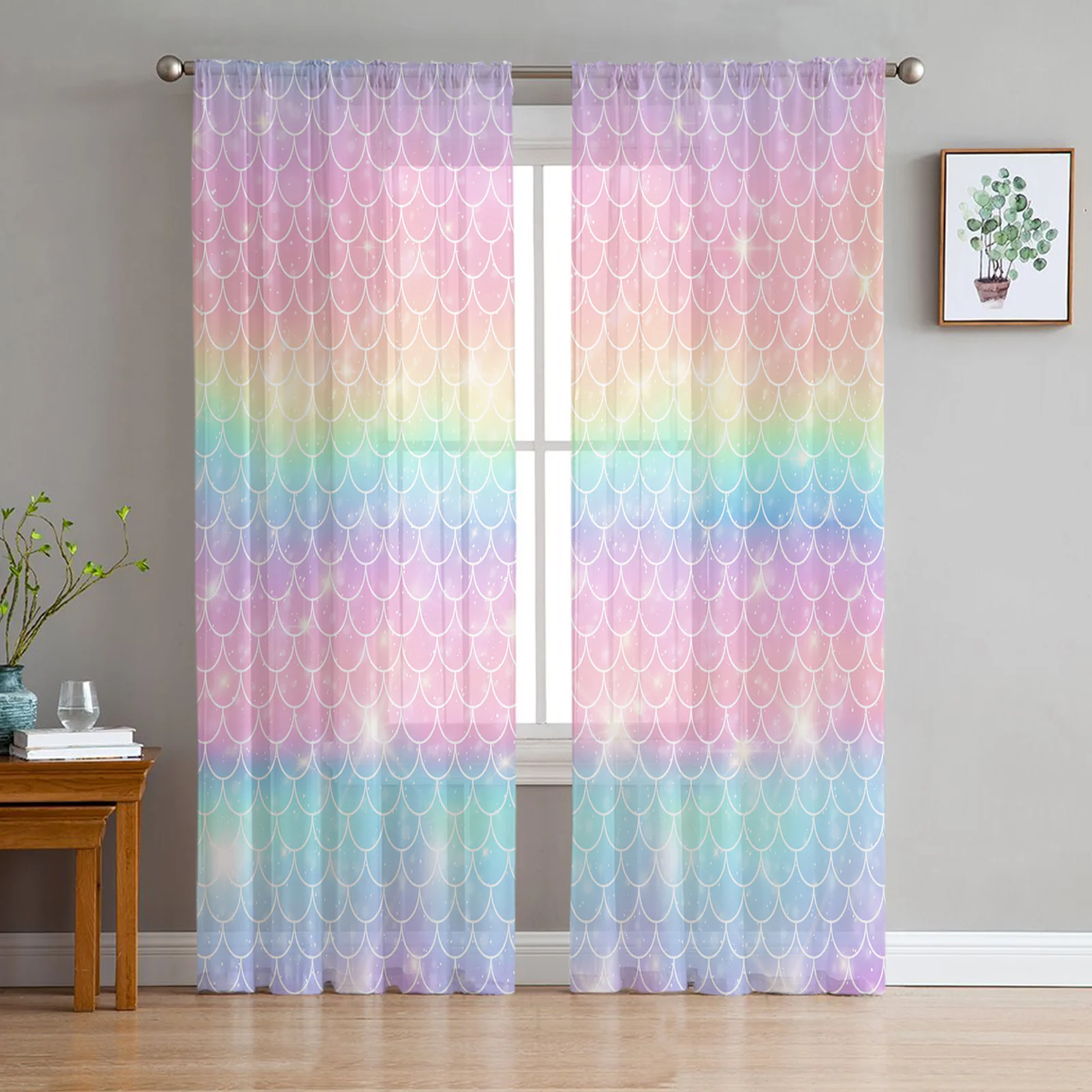 Mermaid Scales Ocean Rainbow Sheer Curtains For Living Room Bedroom