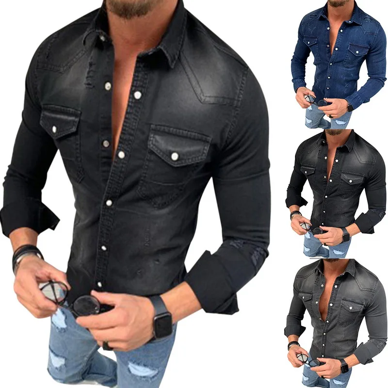 CYSINCOS, джинсовая рубашка, мужская, повседневная, приталенная, на пуговицах, рубашки с карманом, мужская, Camisa, длинный рукав, отложной воротник, топы, camisa masculina
