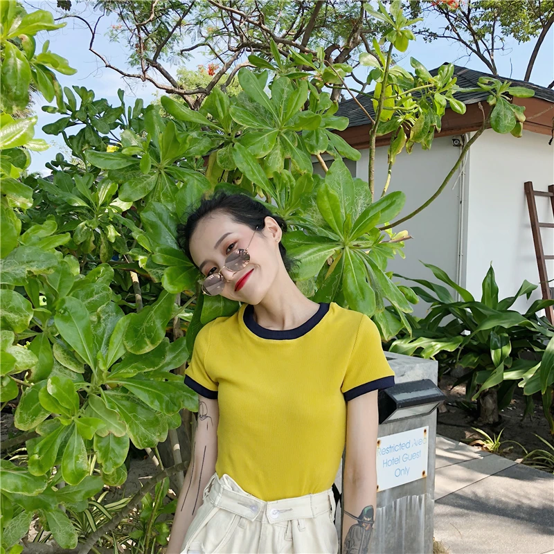 

Korean Chic Summer New 2020 Women Short Sleeve Tee Rib Design Tops Basic Solid Color TShirts Casual Loose Patchwork Short TShirt