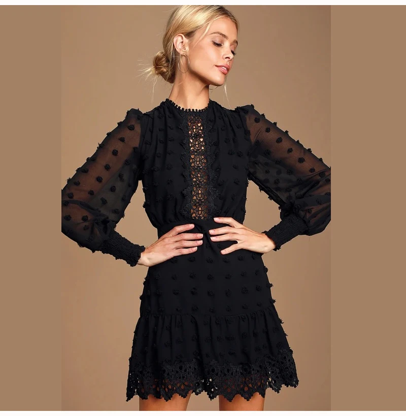 Женское модное платье на лето и осень с длинным рукавом, короткое черное сексуальное прозрачное мини-платье, элегантное женское платье