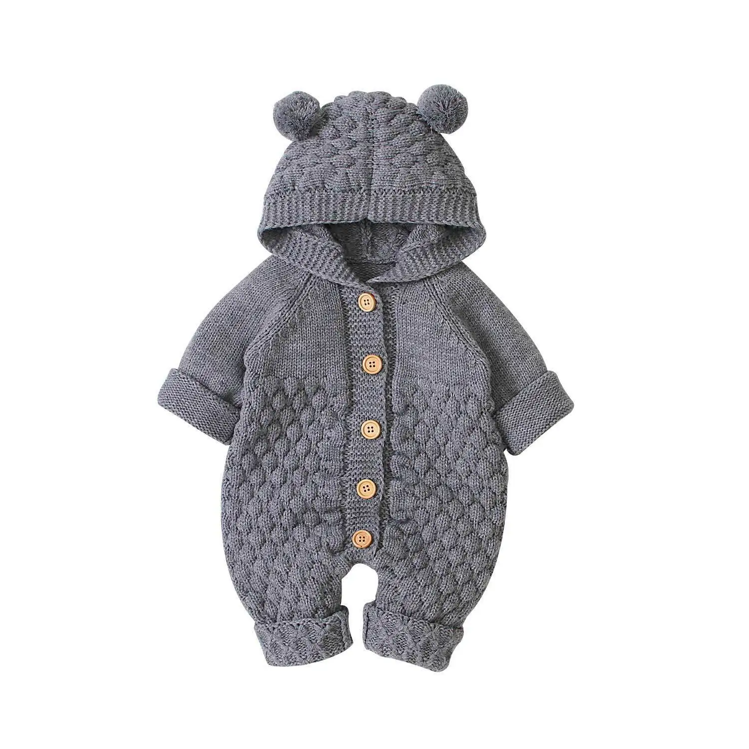 Осенне-зимний Вязаный комбинезон с ушками медведя для новорожденных мальчиков и девочек, свитер с капюшоном, комбинезон для детей от 0 до 24 месяцев - Цвет: Серый