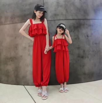 

2020 Mother and Daughter Matching Clothes Mum Baby Girls Jumpsuit Red Ruffled Mommy and Me Dresses Family Matching Outfits
