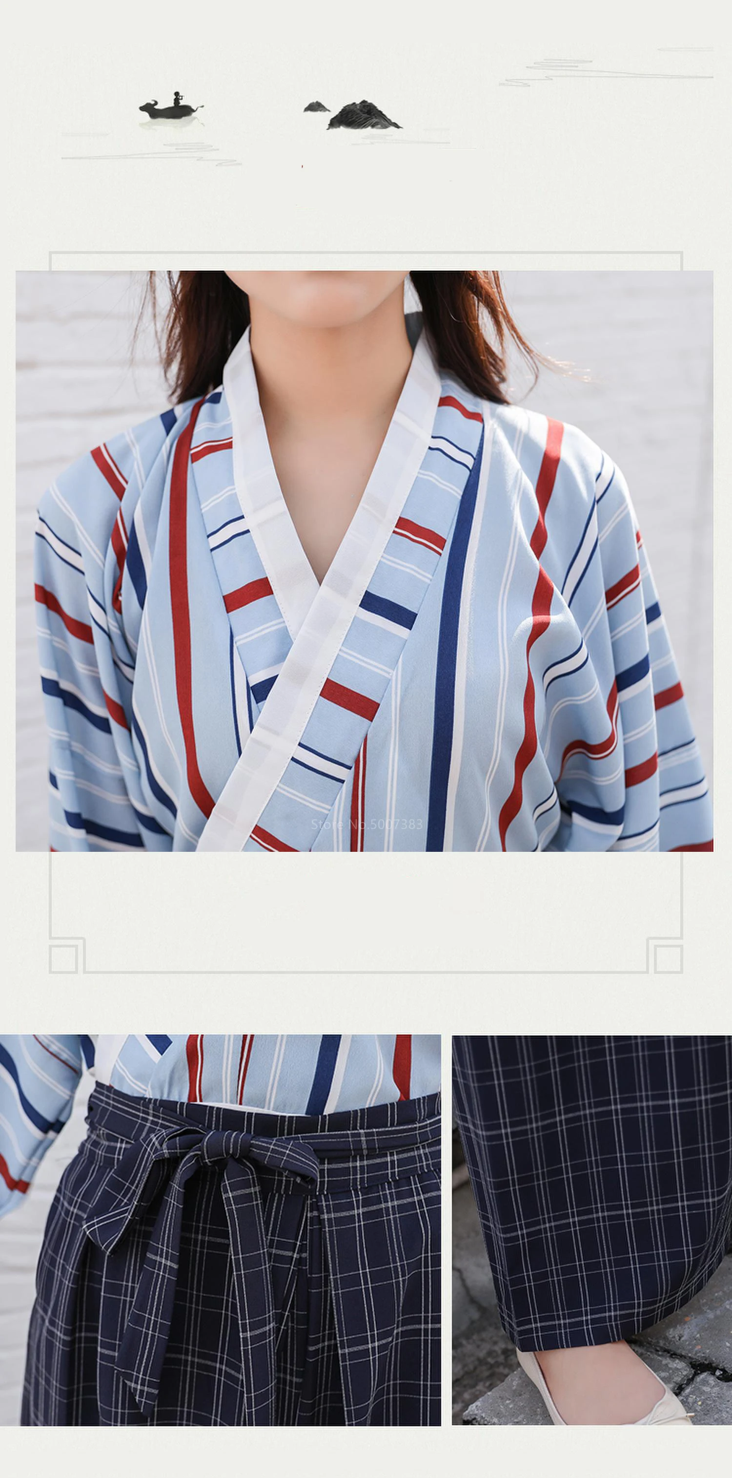 Японский стиль традиционная одежда кимоно косплей для женщин Kawaii Девушка уличная мода Haori полосатый топ клетчатые брюки костюм