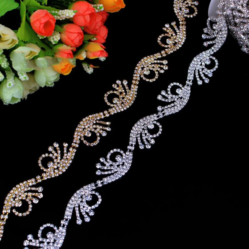 

10Yards Crystal Applique Rhinestone Trim Fashion Bridal Chain Embellishment Silver Gold Base Bling Bling