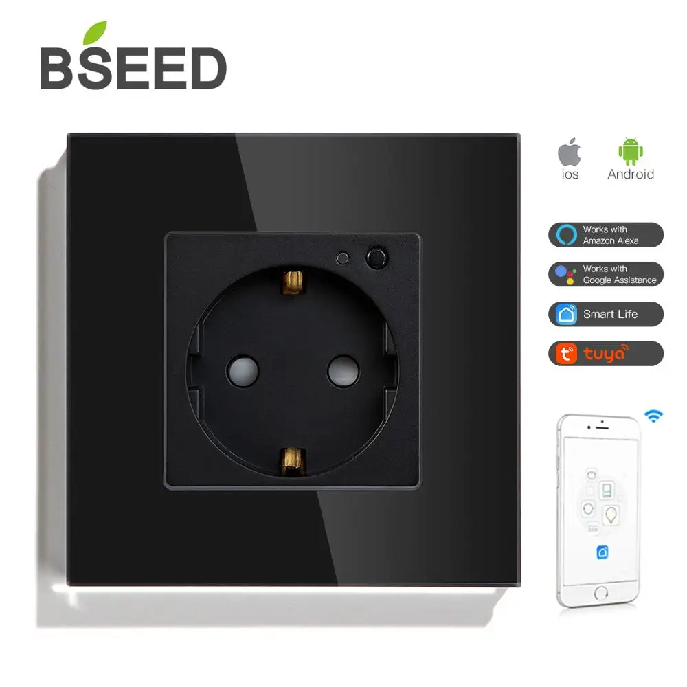 BSEED EU Standard Wifi Wall Socket Smart Socket Square WIFI Socket Supports For Tuya Google Smart Home White Black Golden Colors