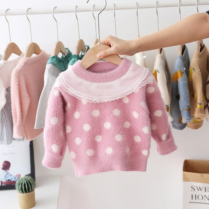 Осенне-зимний детский трикотажный пуловер в горошек с длинными рукавами и сеткой; свитера; вязаные Джемперы для маленьких девочек - Цвет: Розовый