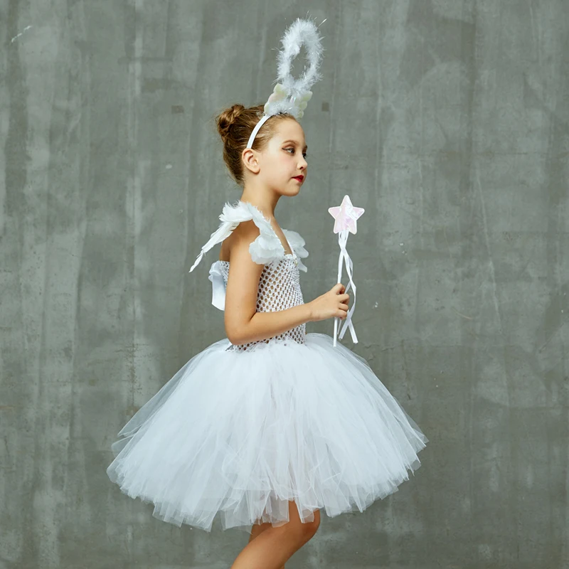 Girls White Heavenly Angel Tutu Dress with Halo & Sequin Angel Wings Back Children Halloween Fancy Dress Up Christmas Costume (16)