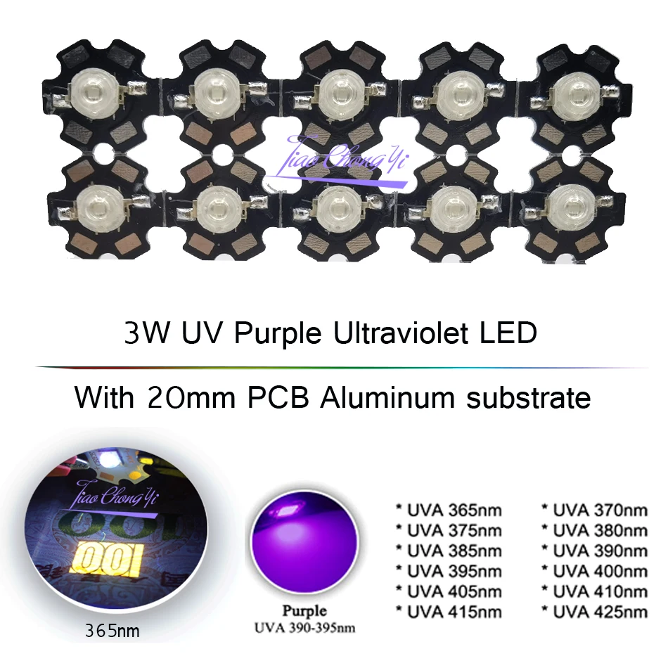 Ampoules LED ultraviolettes violettes 3W, puces de lampe, 365nm, 375nm,  380nm, 380nm, 395nm, 405nm, 410nm, 420nm avec substrat en aluminium PCB  20mm - AliExpress