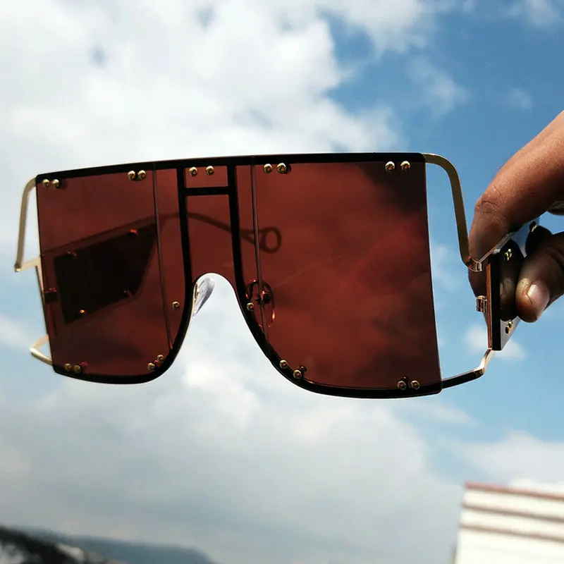 Модные квадратные солнцезащитные очки для женщин новые негабаритные зеркальные затемняющие очки люксовый бренд металлические заклепки тренд уникальные женские очки FML