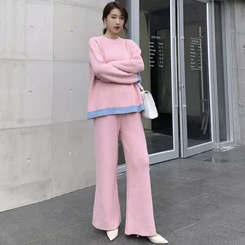 

Autumn Winter Knitted Women Sports Suit 2 Piece Set Long Sleeves O Collar Sweater Knitted Pullover Elastic Waist Long Pants Suit