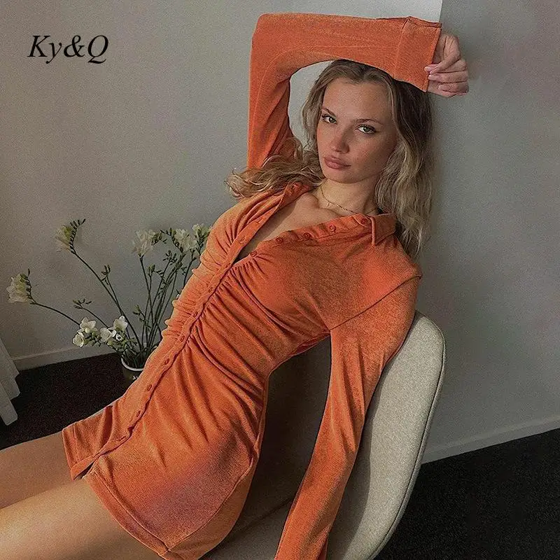 Осеннее женское оранжевое Бархатное облегающее мини-платье с длинным рукавом