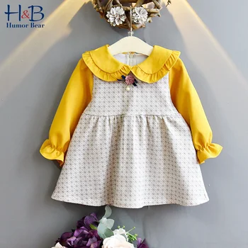 

Humor Bear Girls Dress Fall New Spring Autumn Lace Collar Long Sleeves Princess Birthday Dress Fake Two-piece Children Clothing