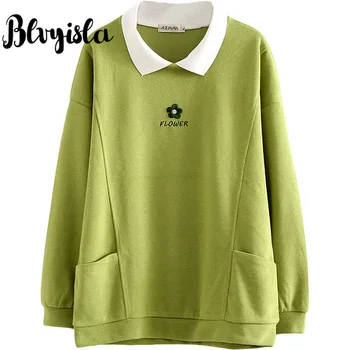 

Oversize Spring Style 4XL Flower Embroidery Turn Down Collar Hoody Plus Size Loose Overweight Female Tops With Pockets Tops