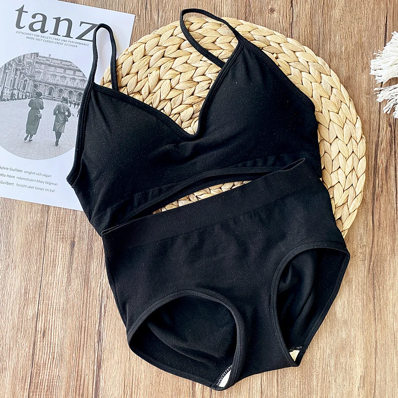as picture show Wriufred Cotton underwear comfortable and unbound bra set sports style lingerie sets tube top rimless gathers sleep bralette - Цвет: as picture show
