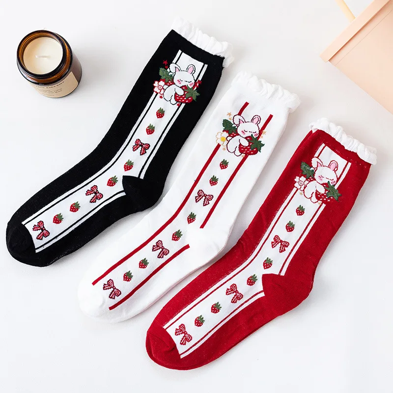 

Autumn Kawaii Lolita Sock Rabbit Strawberry Print College JK Uniform Loli Stocking Cotton Sport Cosplay Accessories Girls