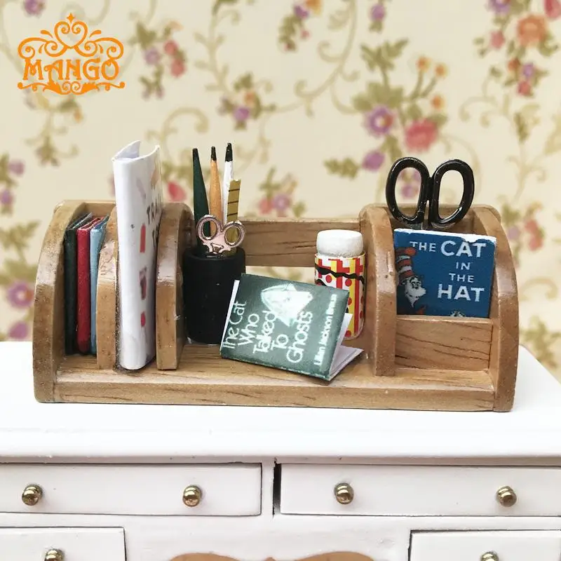

1: 12 Dollhouse Mini Office Model Scene Accessories Books And Newspapers Pencil Scissors Stationery Wooden Stand