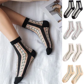 

Fashion Women Socks Floral Socks For Female Embroidery Transparent Girls Black Patchwork Sox Fresh Color Design Woman's Socks