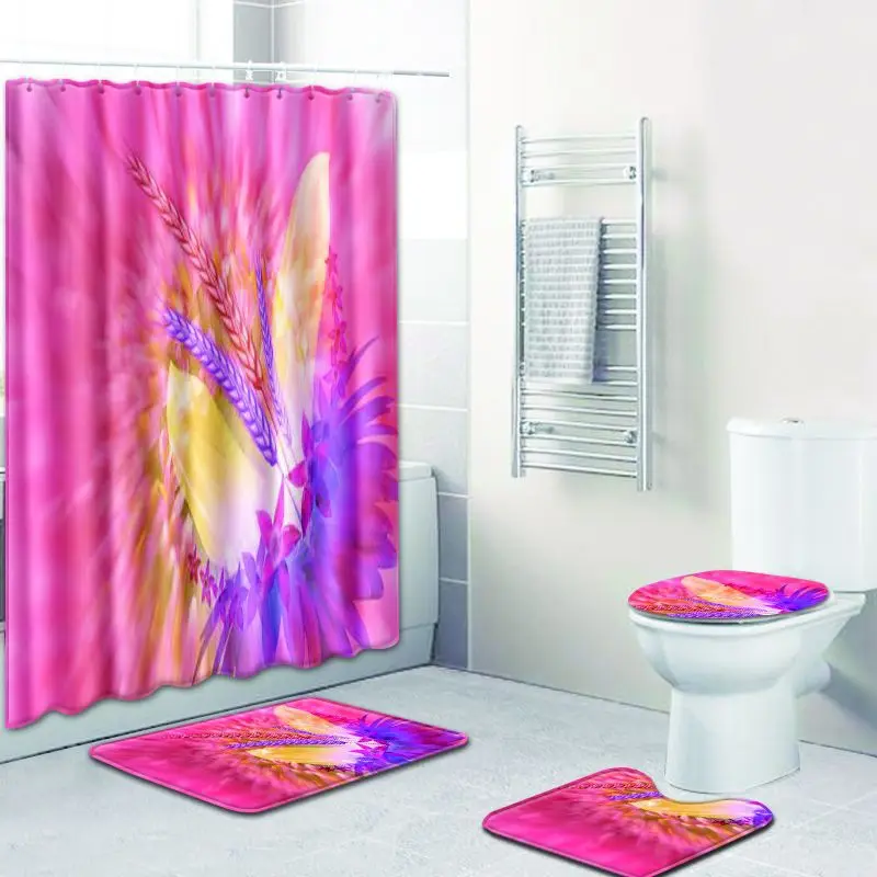 

Flower Print Bathroom Shower Curtain Foot Pad Polyester Pedestal Rug Lid Toilet Cover Bath Mat Waterproof Home Decor 12 Hook